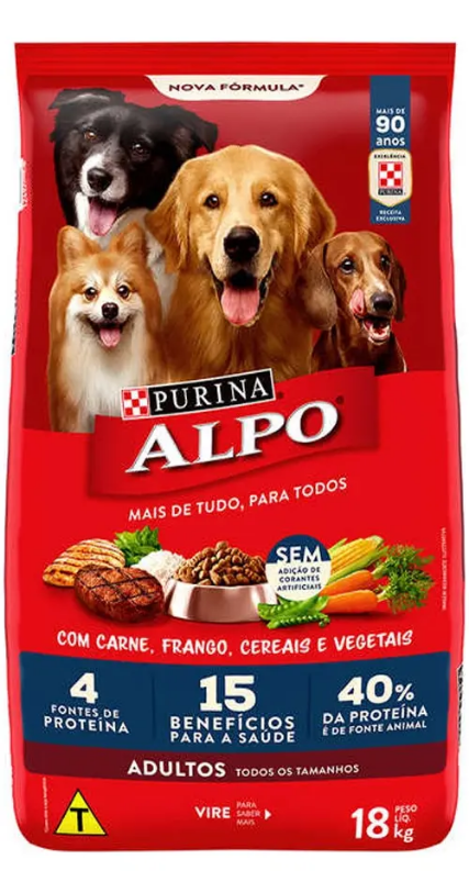 Ração ALPO Cães Adultos Carne, Frango, Cereais e Vegetais 18kg